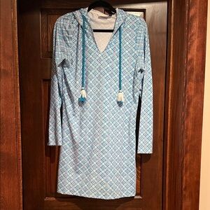 NWOT Blue Geometric Patterned Beach Cover Up Hoodie Dress